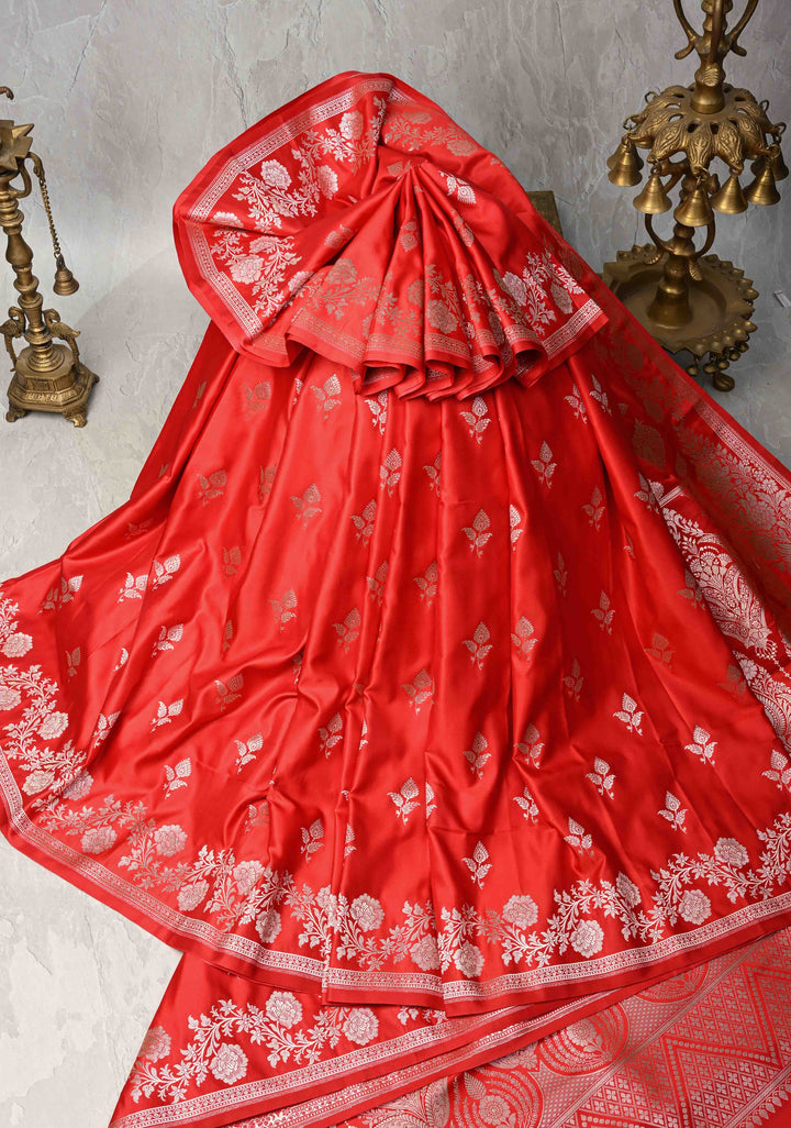 Red Banarasi Semi Mashru Silk Saree with Floral Zari Butta and Vine floral Zari Border
