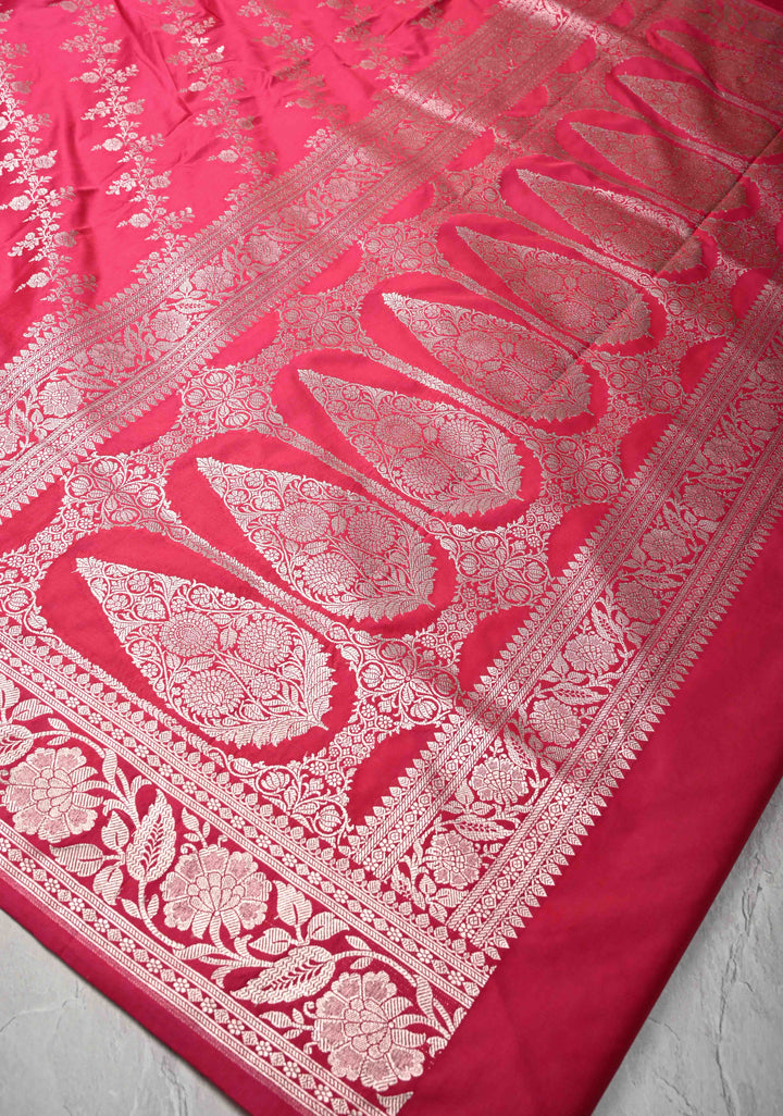 Raspberry Pink Banarasi Semi Mashru Silk Saree with Floral Leheri Jaal and Zari Border