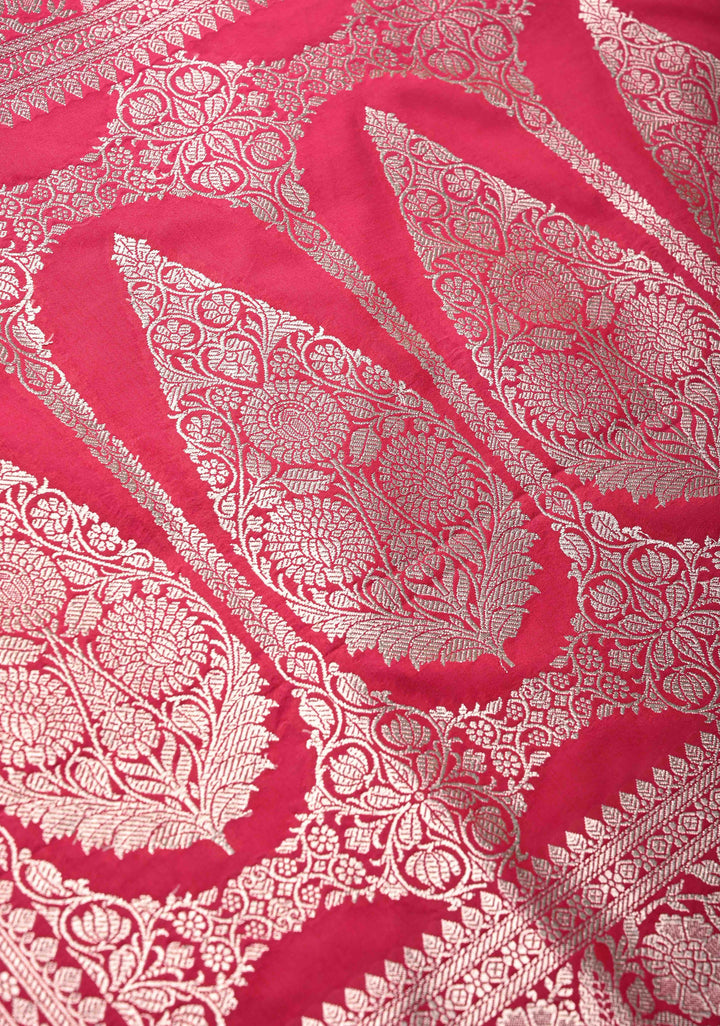 Raspberry Pink Banarasi Semi Mashru Silk Saree with Floral Leheri Jaal and Zari Border