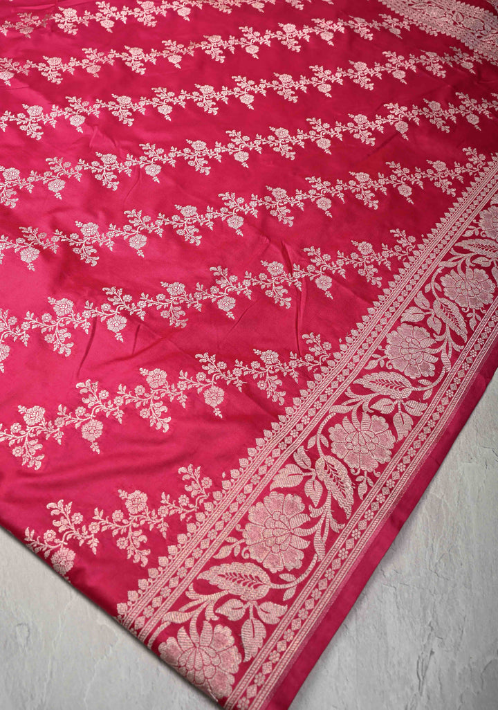 Raspberry Pink Banarasi Semi Mashru Silk Saree with Floral Leheri Jaal and Zari Border