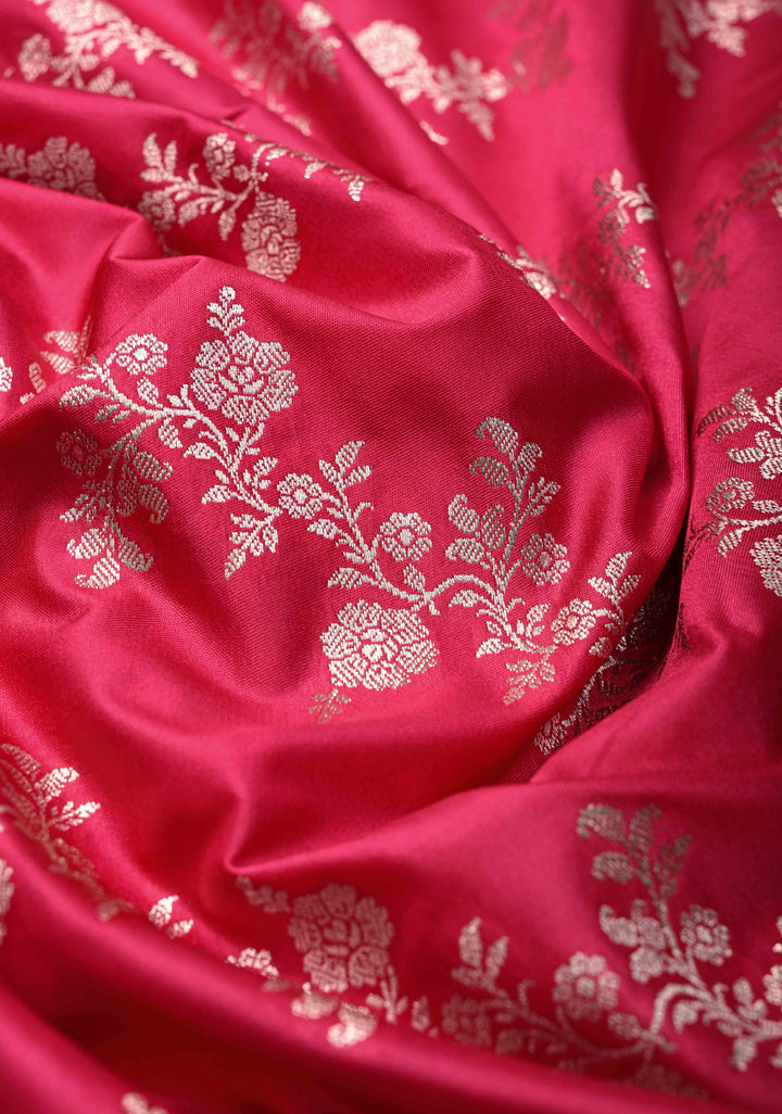 Raspberry Pink Banarasi Semi Mashru Silk Saree with Floral Leheri Jaal and Zari Border