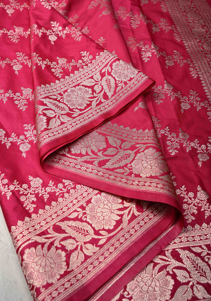 Raspberry Pink Banarasi Semi Mashru Silk Saree with Floral Leheri Jaal and Zari Border