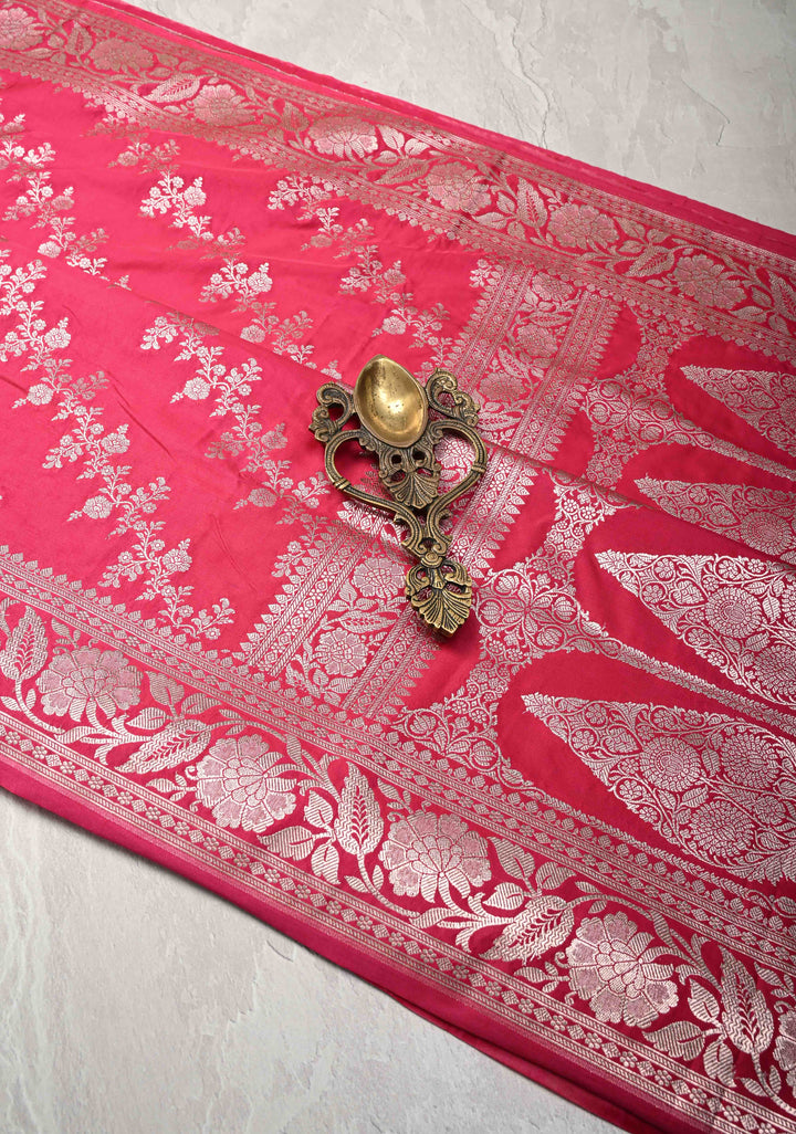 Raspberry Pink Banarasi Semi Mashru Silk Saree with Floral Leheri Jaal and Zari Border