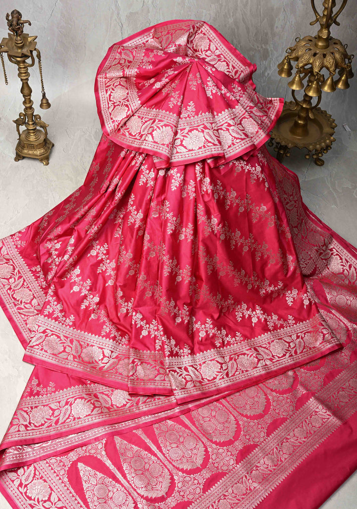 Raspberry Pink Banarasi Semi Mashru Silk Saree with Floral Leheri Jaal and Zari Border
