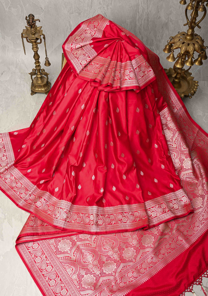 Red Banarasi Semi Mashru Silk Saree with Zari Butta and Floral Zari Border