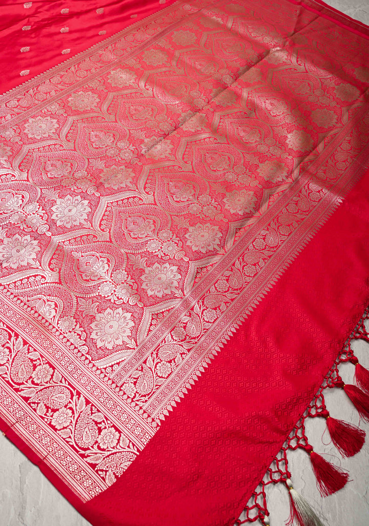 Red Banarasi Semi Mashru Silk Saree with Zari Butta and Floral Zari Border
