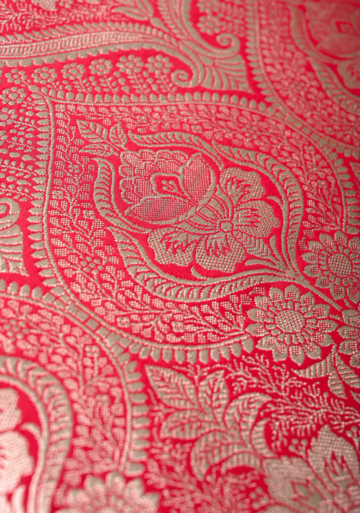 Red Banarasi Semi Mashru Silk Saree with Zari Butta and Floral Zari Border