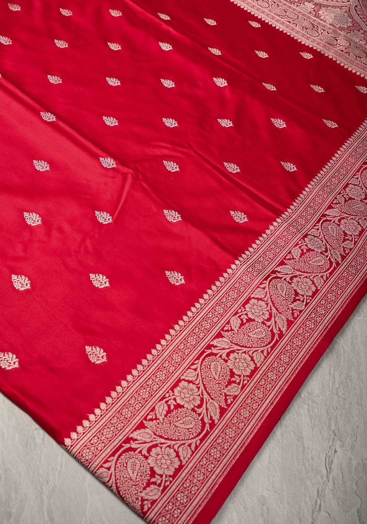 Red Banarasi Semi Mashru Silk Saree with Zari Butta and Floral Zari Border