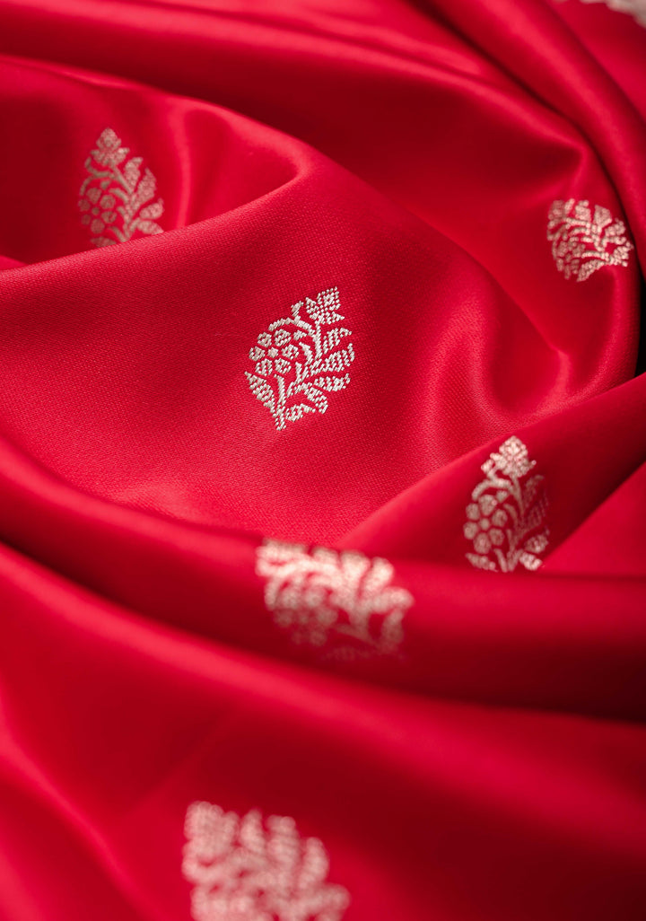 Red Banarasi Semi Mashru Silk Saree with Zari Butta and Floral Zari Border