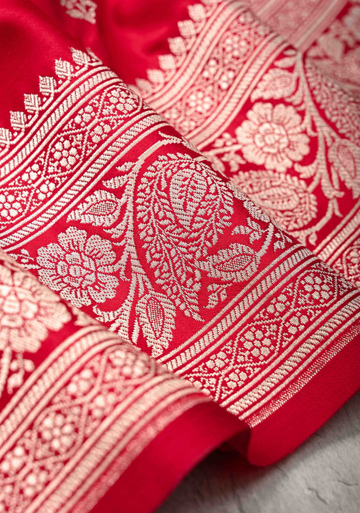 Red Banarasi Semi Mashru Silk Saree with Zari Butta and Floral Zari Border