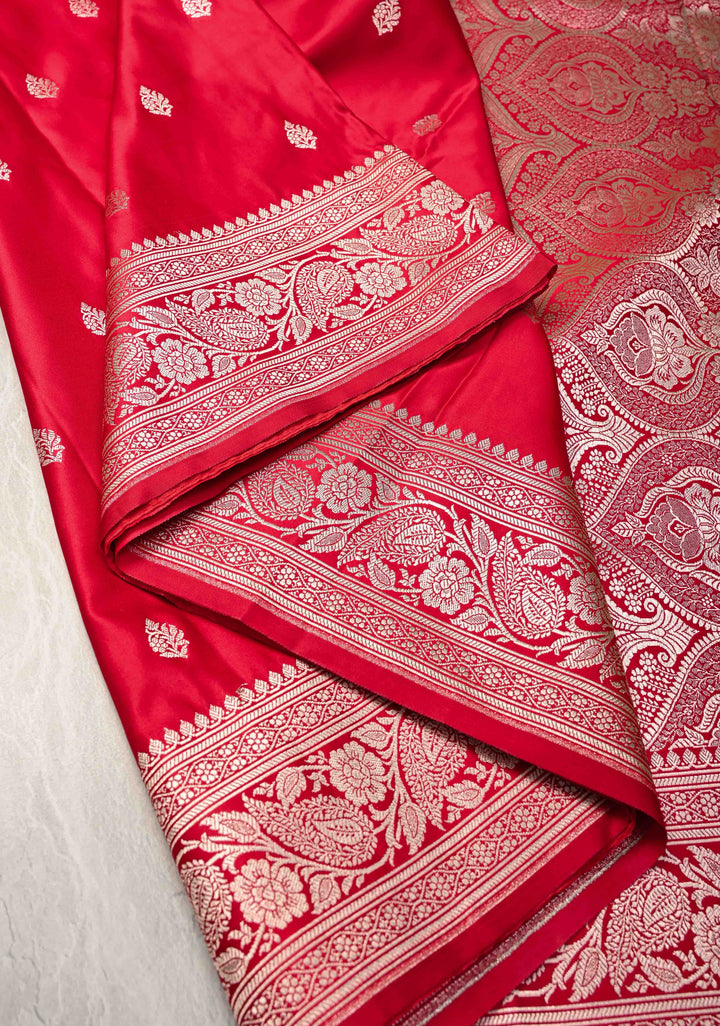 Red Banarasi Semi Mashru Silk Saree with Zari Butta and Floral Zari Border