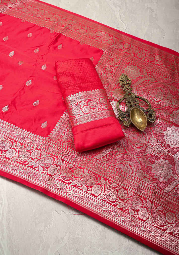 Red Banarasi Semi Mashru Silk Saree with Zari Butta and Floral Zari Border