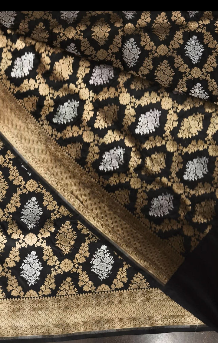 Exquisite Black Banarasi Alfi Jaal Silk Saree  | SILK MARK CERTIFIED