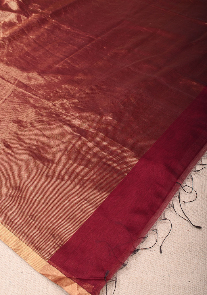 Exquisite Half and Half Maroon and Zari Tissue Maheshwari Silk Cotton Saree