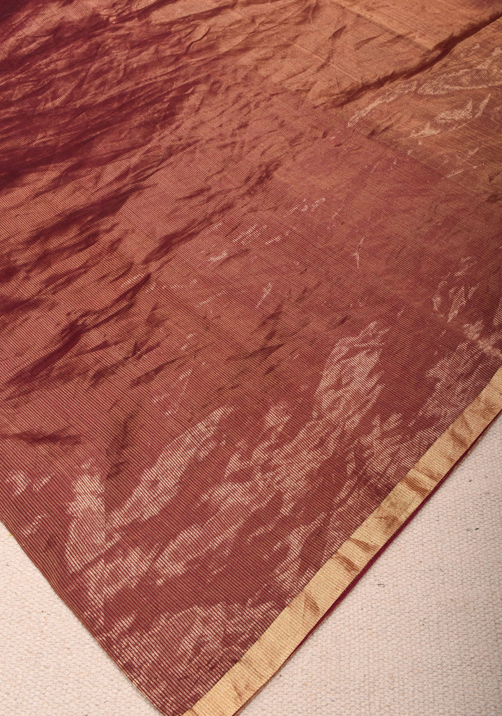 Exquisite Half and Half Maroon and Zari Tissue Maheshwari Silk Cotton Saree