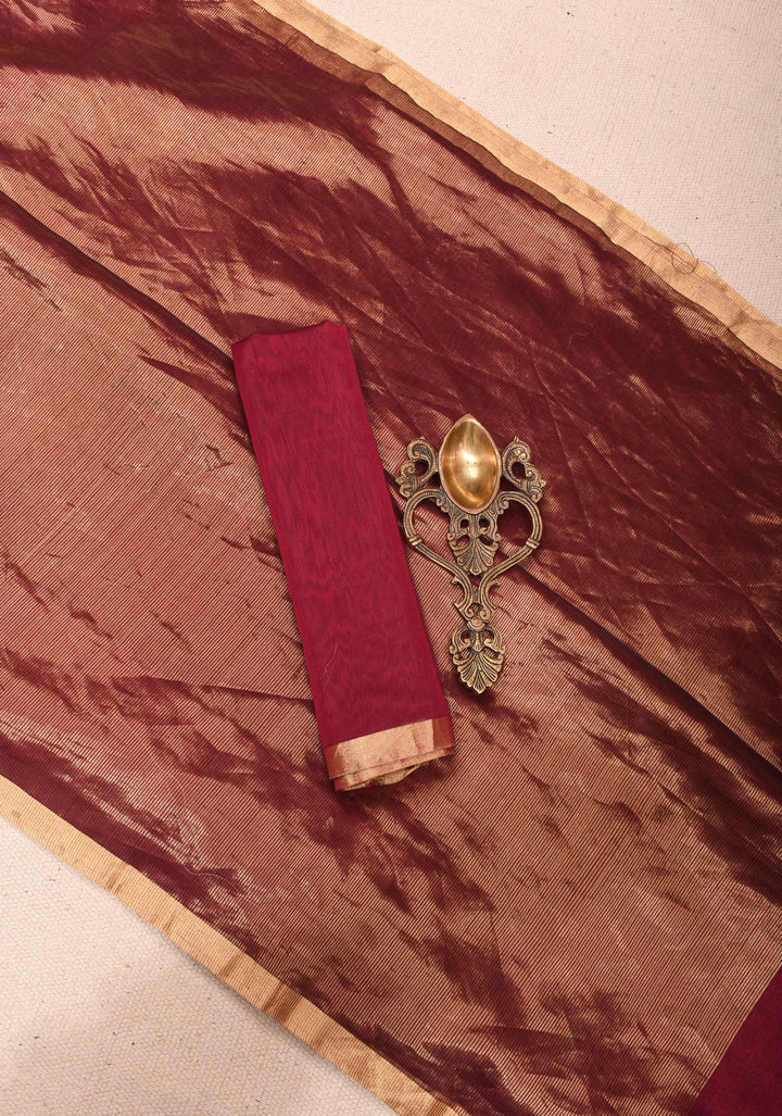 Exquisite Half and Half Maroon and Zari Tissue Maheshwari Silk Cotton Saree