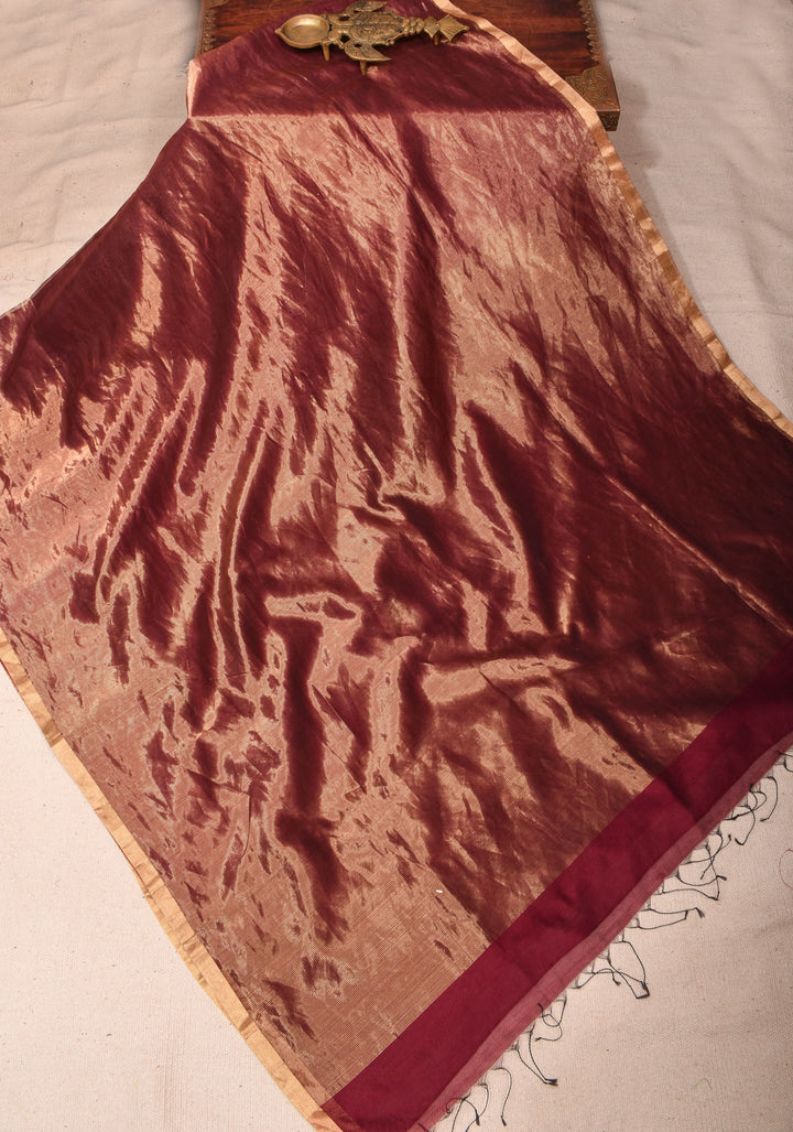 Exquisite Half and Half Maroon and Zari Tissue Maheshwari Silk Cotton Saree