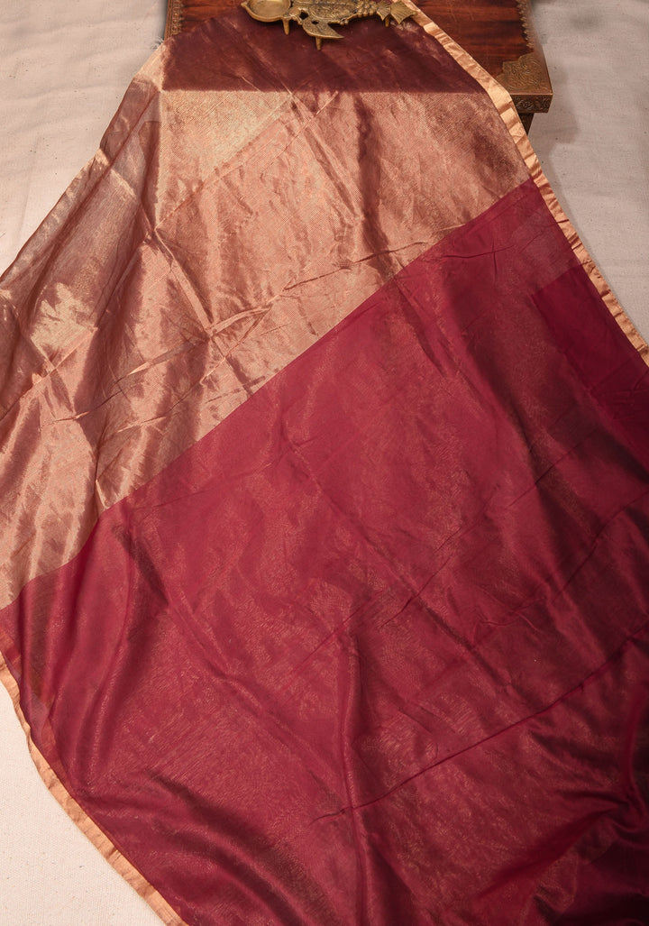 Exquisite Half and Half Maroon and Zari Tissue Maheshwari Silk Cotton Saree