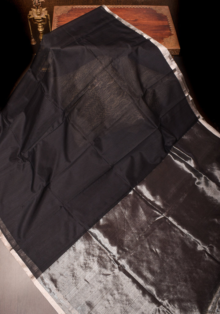 Half and Half Black and Silver Tissue Maheshwari Silk Cotton Saree