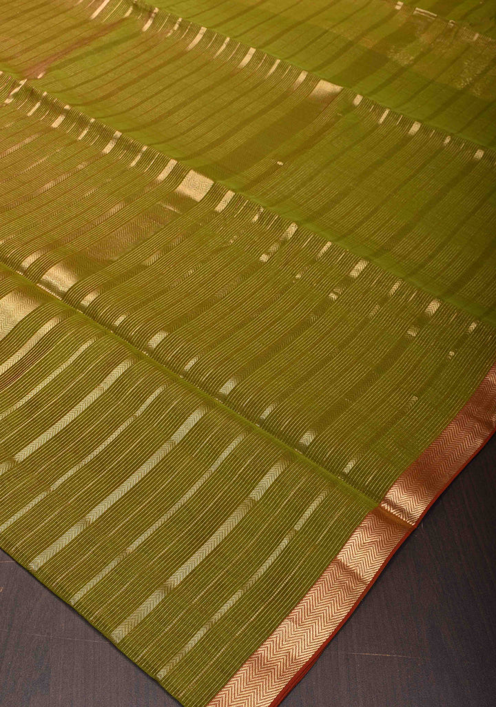 Graceful Olive Green Handwoven Maheshwari Silk Cotton Saree with Horizontal Stripes