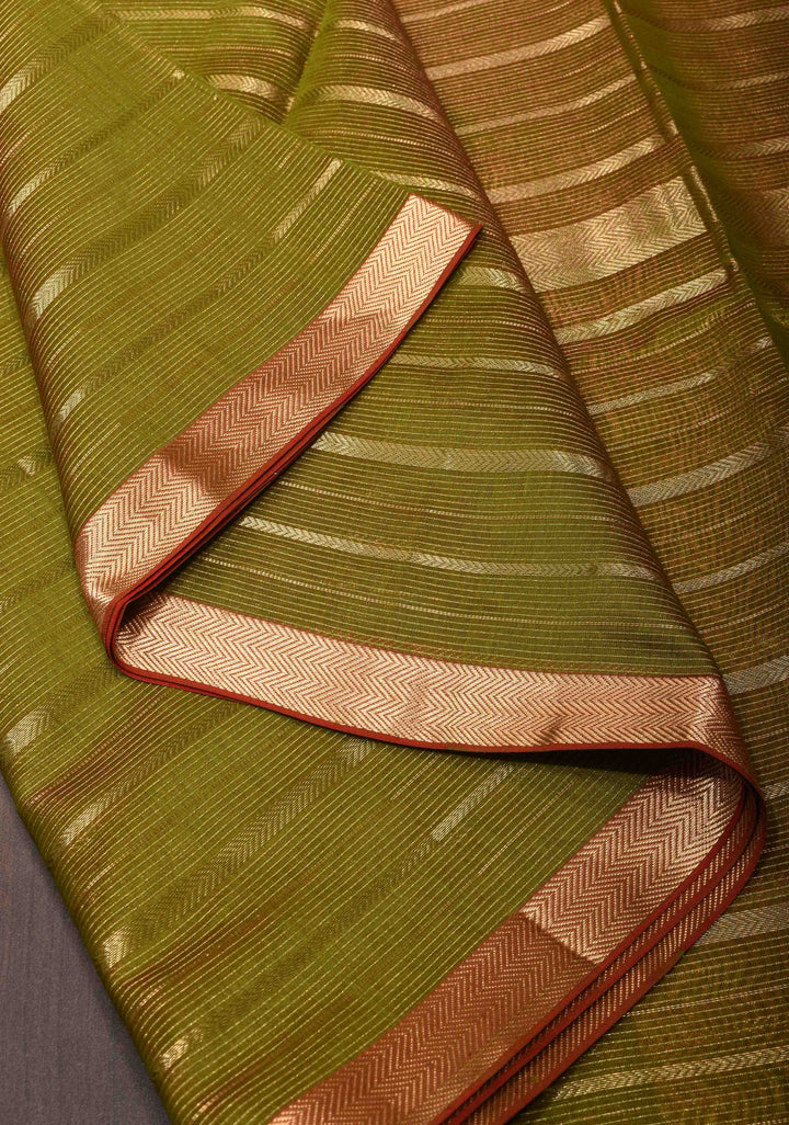 Graceful Olive Green Handwoven Maheshwari Silk Cotton Saree with Horizontal Stripes