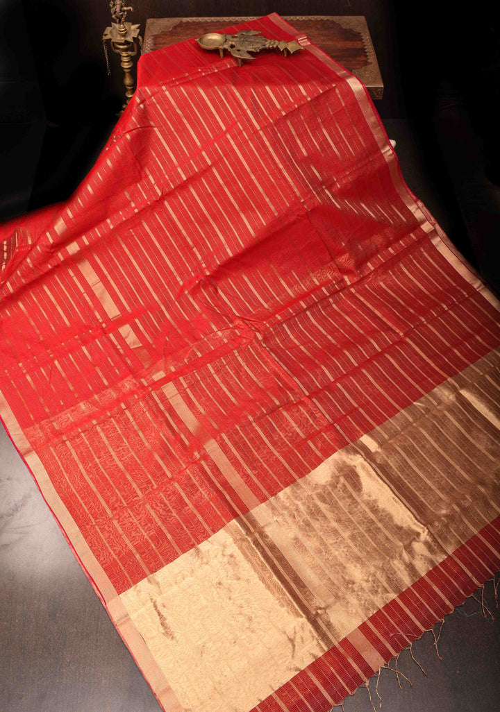 Dark Red Handwoven Maheshwari Silk Cotton Saree with Horizontal Stripes and zari border