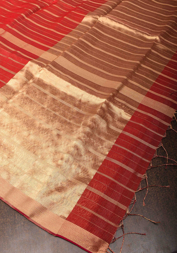 Dark Red Handwoven Maheshwari Silk Cotton Saree with Horizontal Stripes and zari border