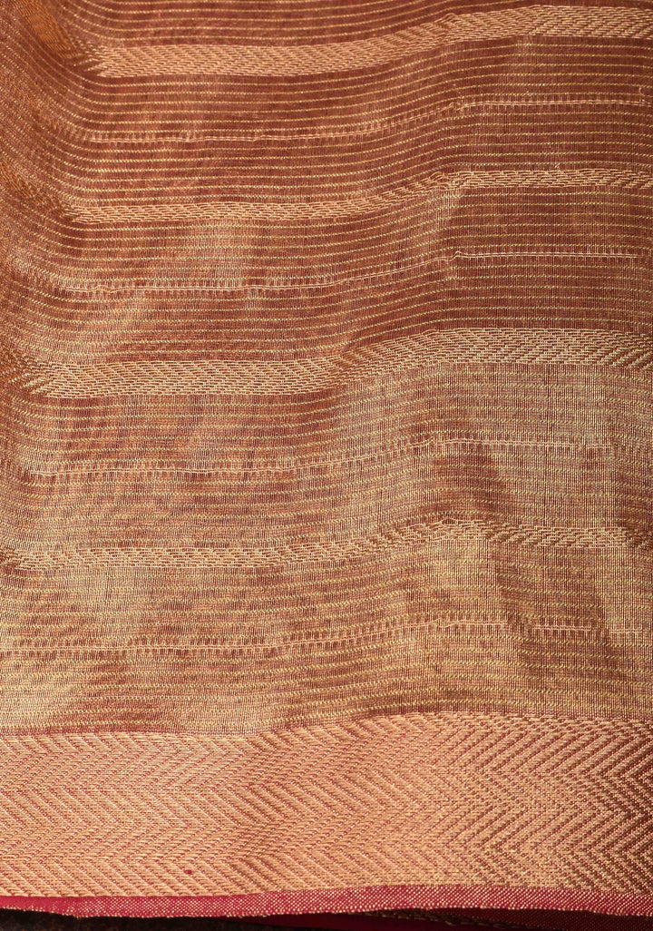 Dark Red Handwoven Maheshwari Silk Cotton Saree with Horizontal Stripes and zari border