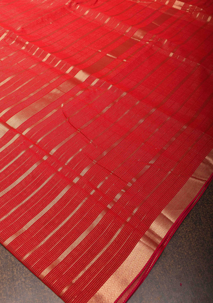 Dark Red Handwoven Maheshwari Silk Cotton Saree with Horizontal Stripes and zari border