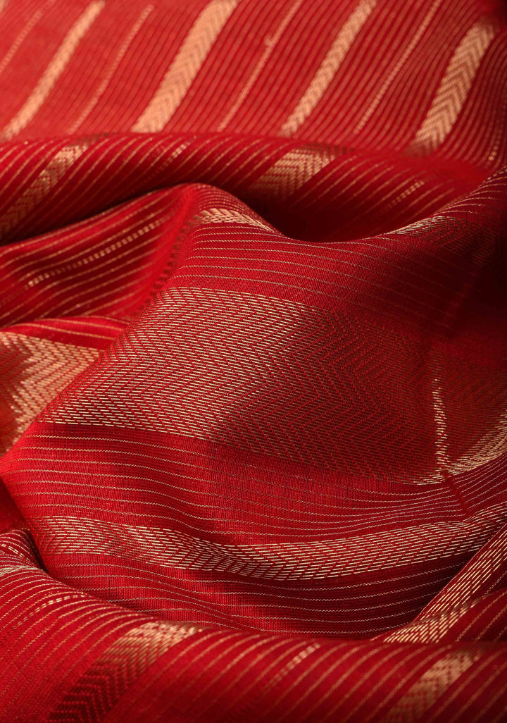 Dark Red Handwoven Maheshwari Silk Cotton Saree with Horizontal Stripes and zari border
