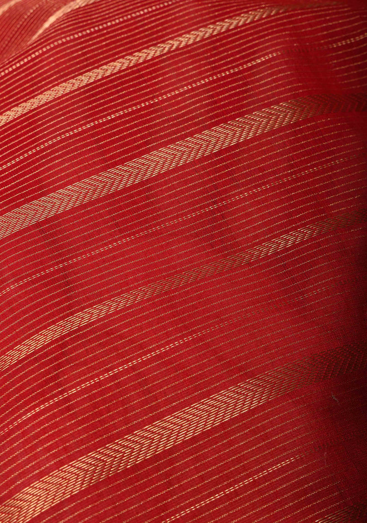 Dark Red Handwoven Maheshwari Silk Cotton Saree with Horizontal Stripes and zari border