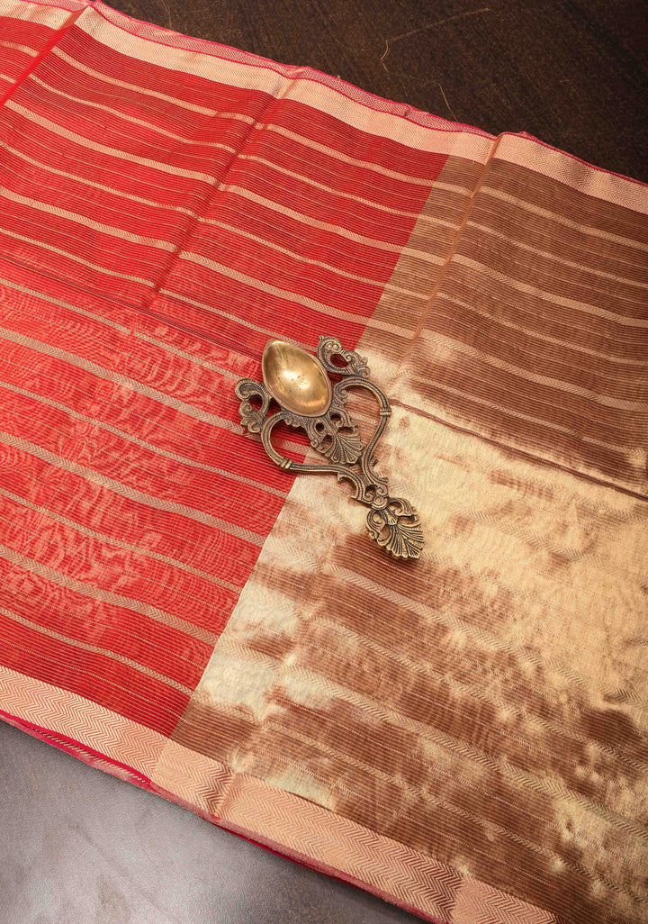 Dark Red Handwoven Maheshwari Silk Cotton Saree with Horizontal Stripes and zari border