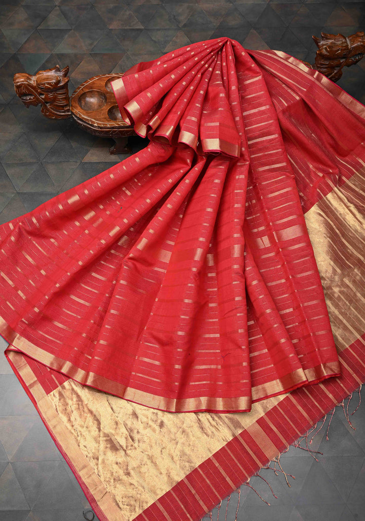 Red Handwoven Maheshwari Silk Cotton Saree with Horizontal Stripes and zari border