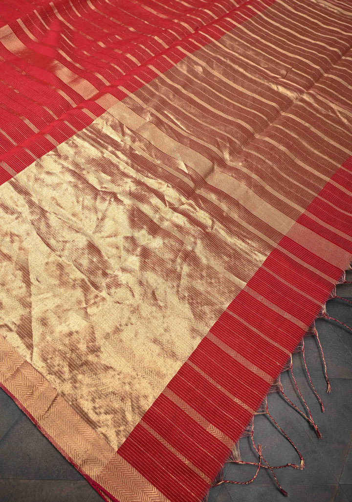 Red Handwoven Maheshwari Silk Cotton Saree with Horizontal Stripes and zari border