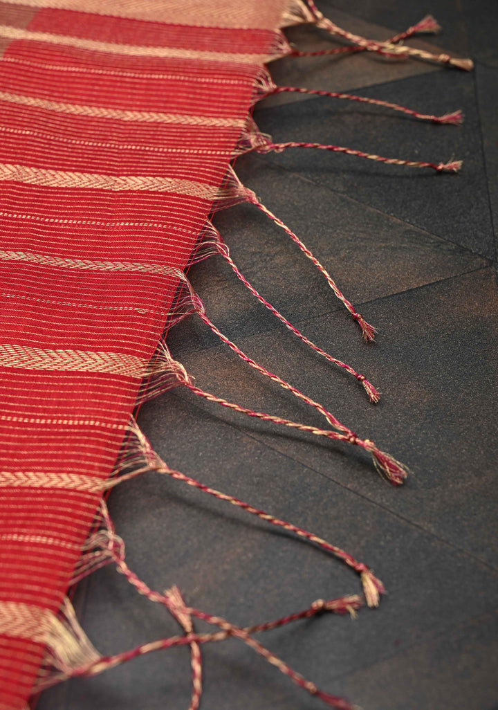 Red Handwoven Maheshwari Silk Cotton Saree with Horizontal Stripes and zari border