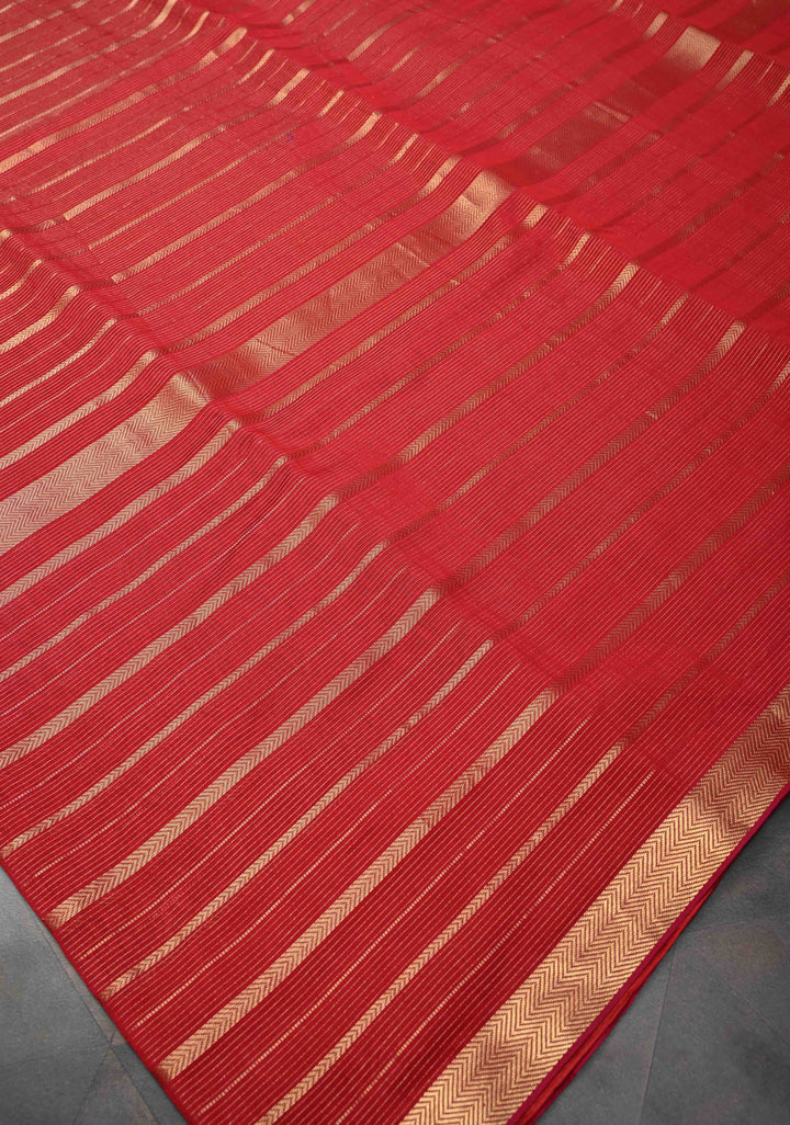 Red Handwoven Maheshwari Silk Cotton Saree with Horizontal Stripes and zari border