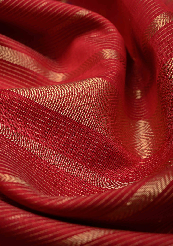 Red Handwoven Maheshwari Silk Cotton Saree with Horizontal Stripes and zari border