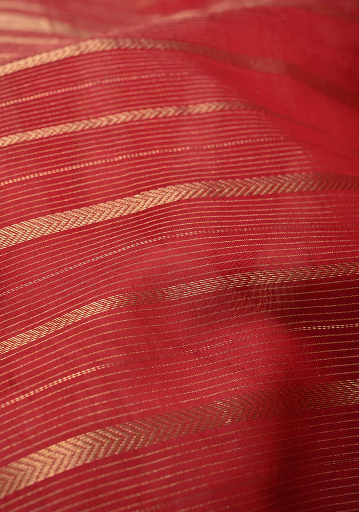 Red Handwoven Maheshwari Silk Cotton Saree with Horizontal Stripes and zari border