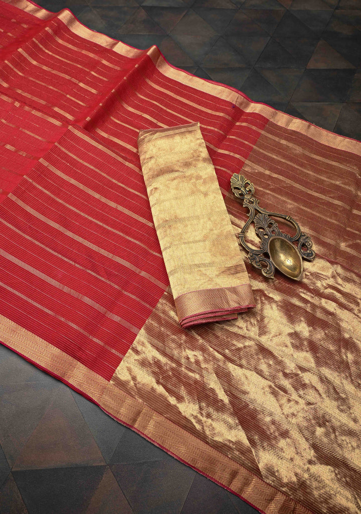 Red Handwoven Maheshwari Silk Cotton Saree with Horizontal Stripes and zari border