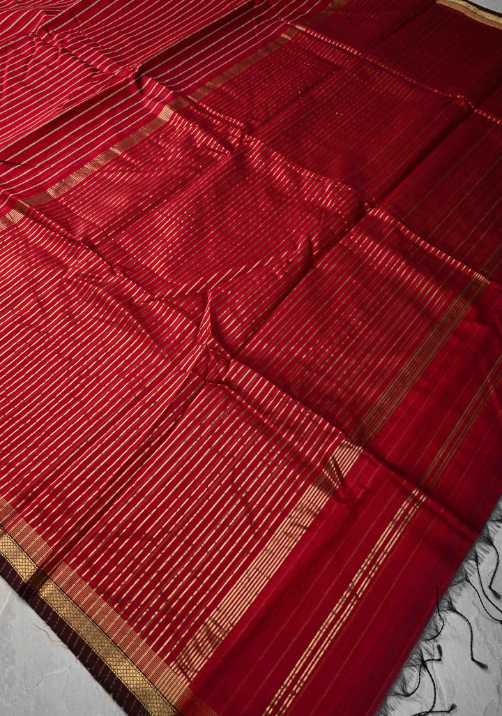 Maroon Handwoven Maheshwari Silk Cotton Saree with Vertical Stripes and Minimal Zari Borders