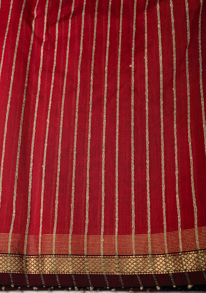 Maroon Handwoven Maheshwari Silk Cotton Saree with Vertical Stripes and Minimal Zari Borders