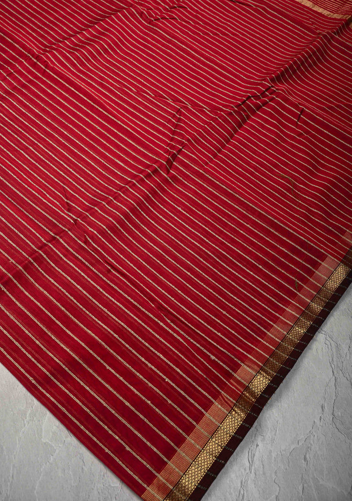 Maroon Handwoven Maheshwari Silk Cotton Saree with Vertical Stripes and Minimal Zari Borders