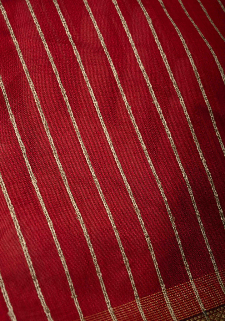 Maroon Handwoven Maheshwari Silk Cotton Saree with Vertical Stripes and Minimal Zari Borders