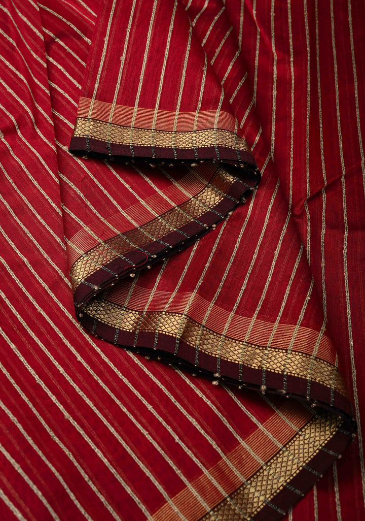 Maroon Handwoven Maheshwari Silk Cotton Saree with Vertical Stripes and Minimal Zari Borders
