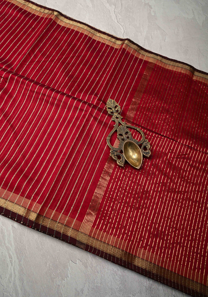 Maroon Handwoven Maheshwari Silk Cotton Saree with Vertical Stripes and Minimal Zari Borders