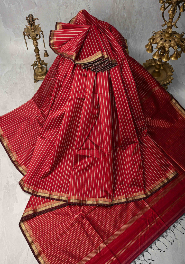 Maroon Handwoven Maheshwari Silk Cotton Saree with Vertical Stripes and Minimal Zari Borders