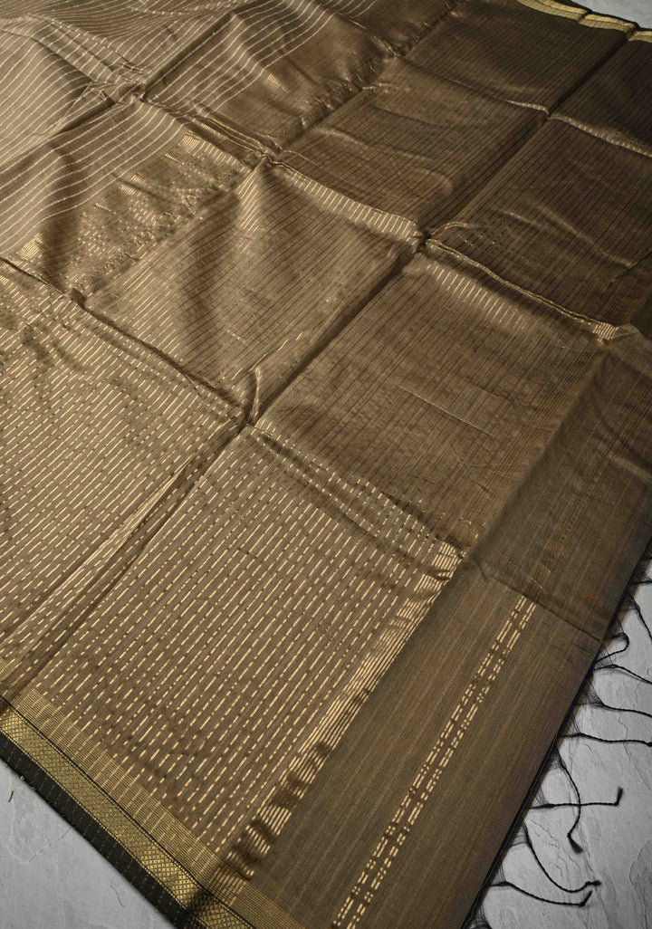 Taupe Handwoven Maheshwari Silk Cotton Saree with Vertical Stripes and Minimal Zari Borders