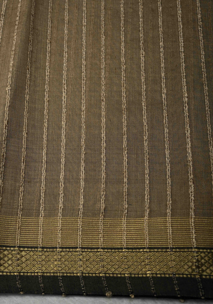 Taupe Handwoven Maheshwari Silk Cotton Saree with Vertical Stripes and Minimal Zari Borders