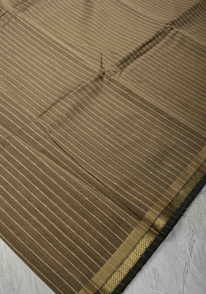 Taupe Handwoven Maheshwari Silk Cotton Saree with Vertical Stripes and Minimal Zari Borders