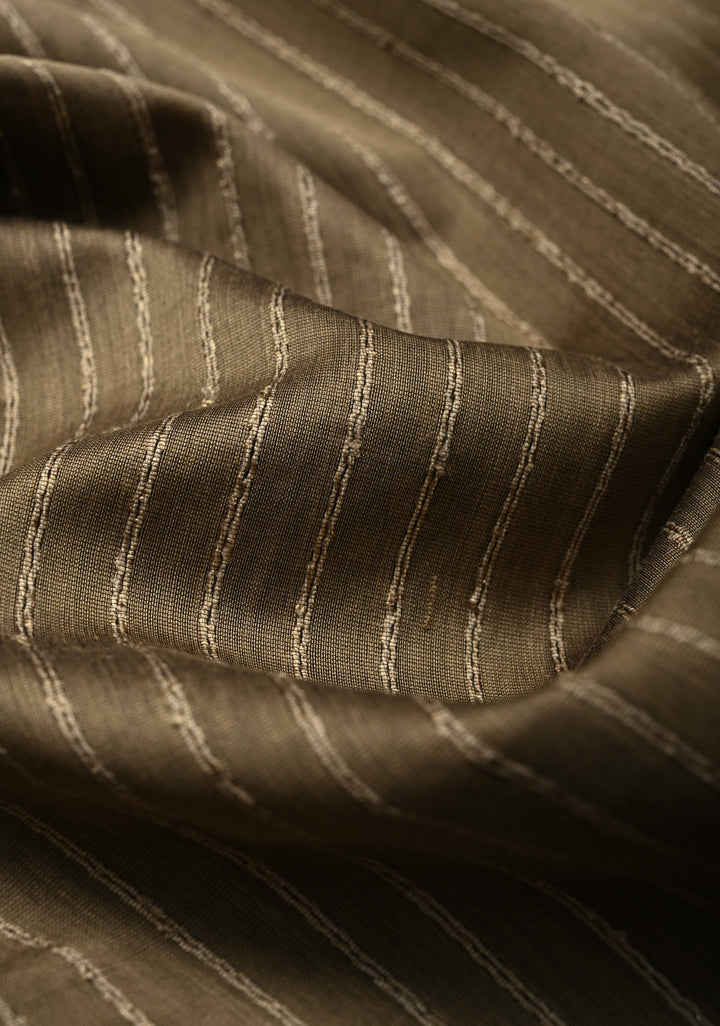 Taupe Handwoven Maheshwari Silk Cotton Saree with Vertical Stripes and Minimal Zari Borders